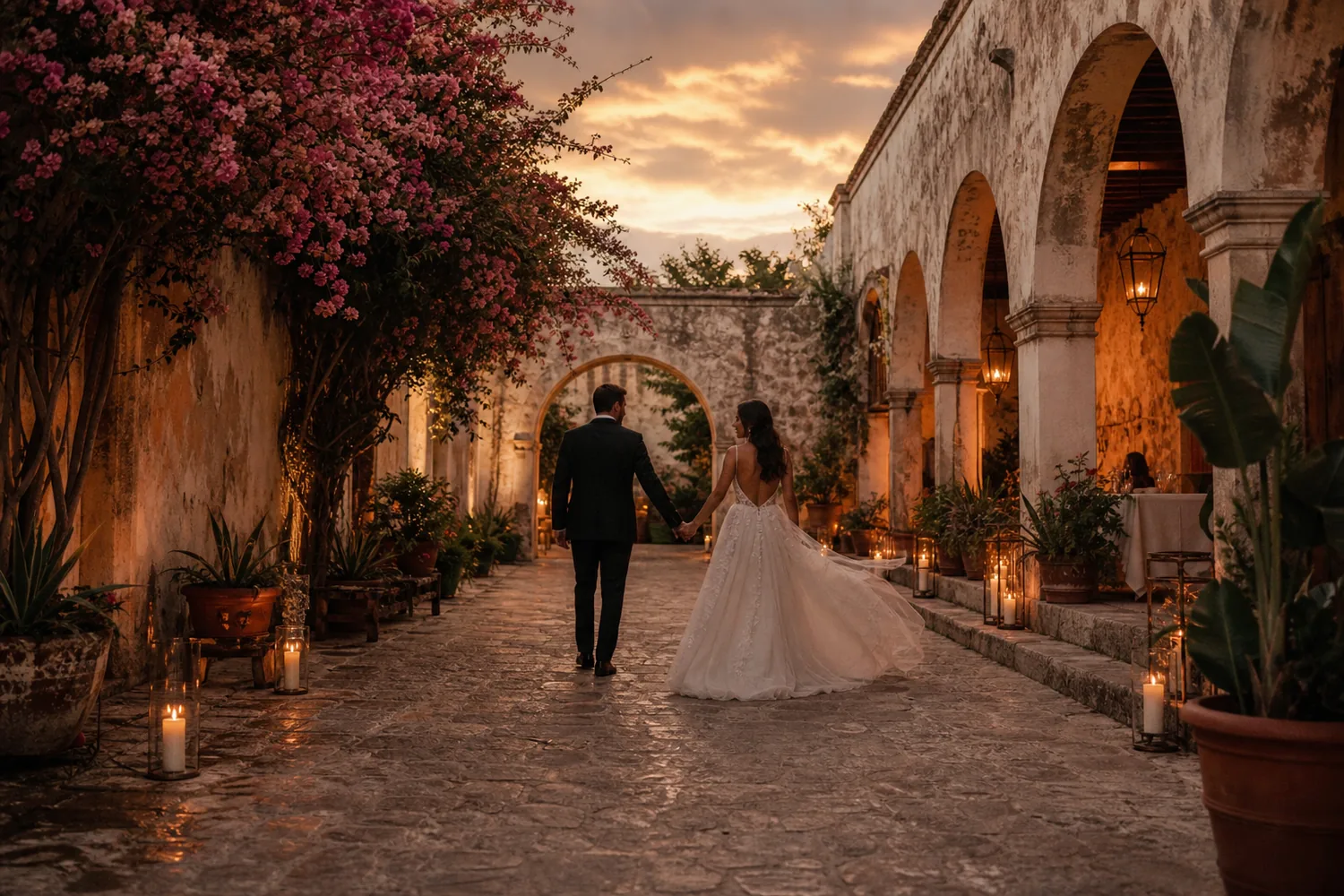 Pareja recién casada caminando por una hacienda al atardecer