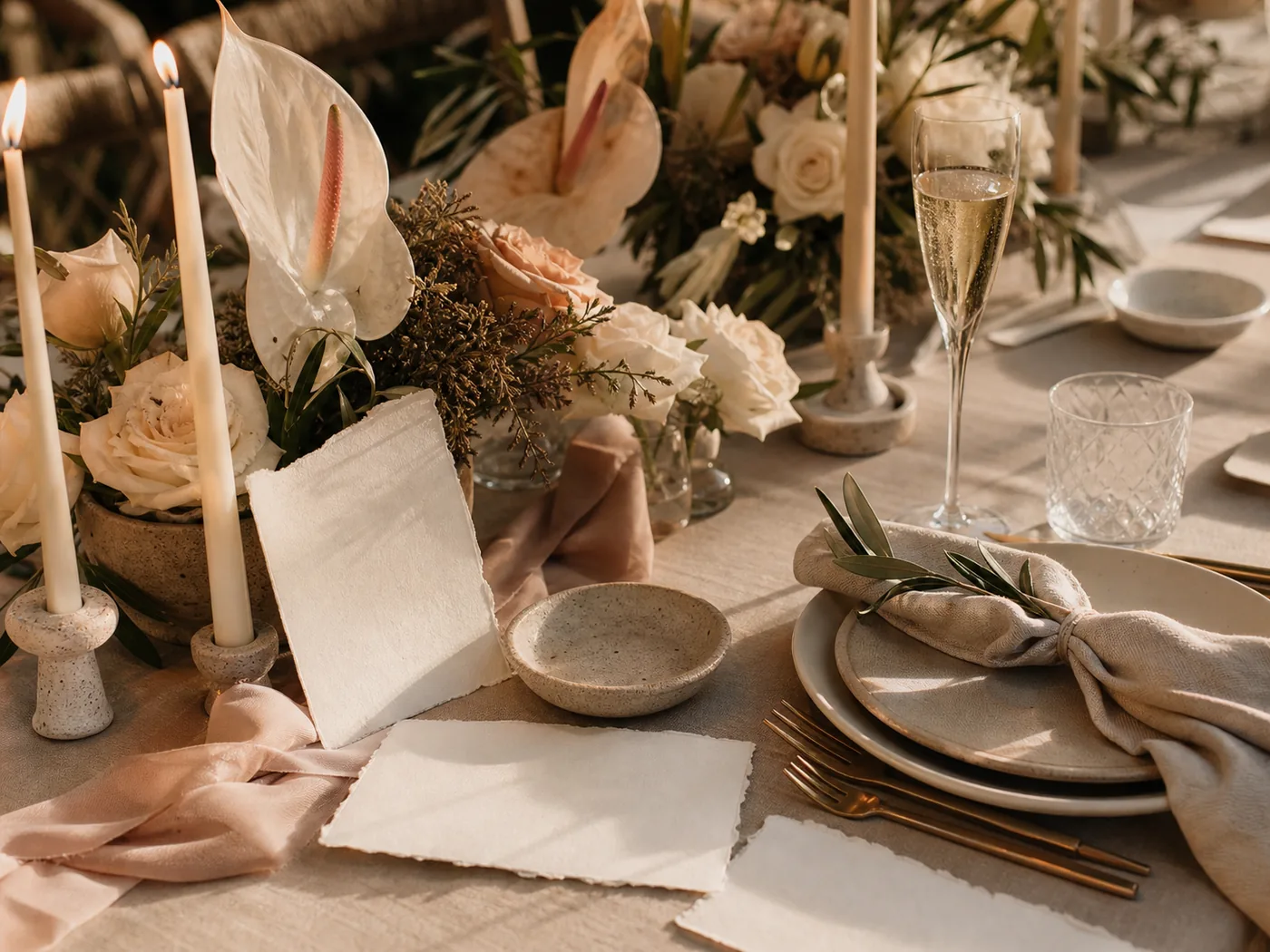 Detalles florales y papelería de una mesa de boda